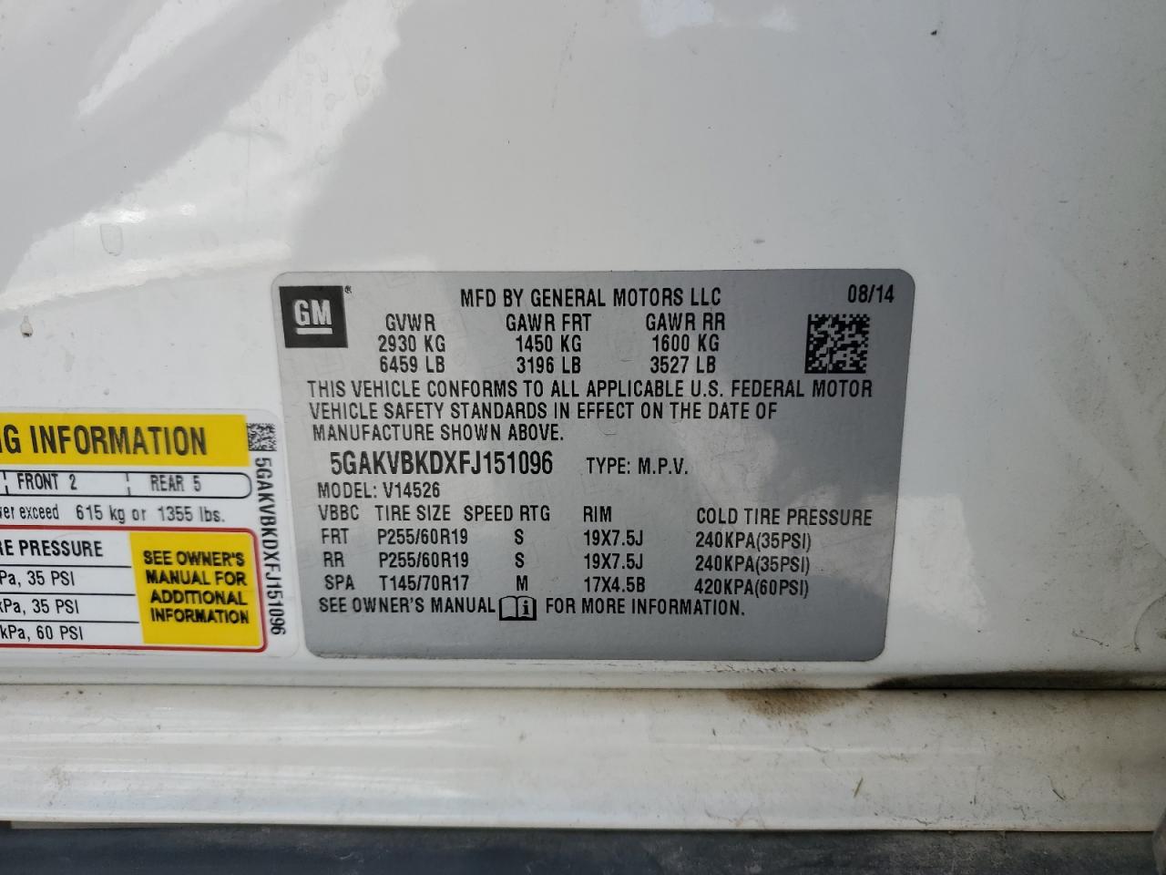 2015 Buick Enclave VIN: 5GAKVBKDXFJ151096 Lot: 80854635