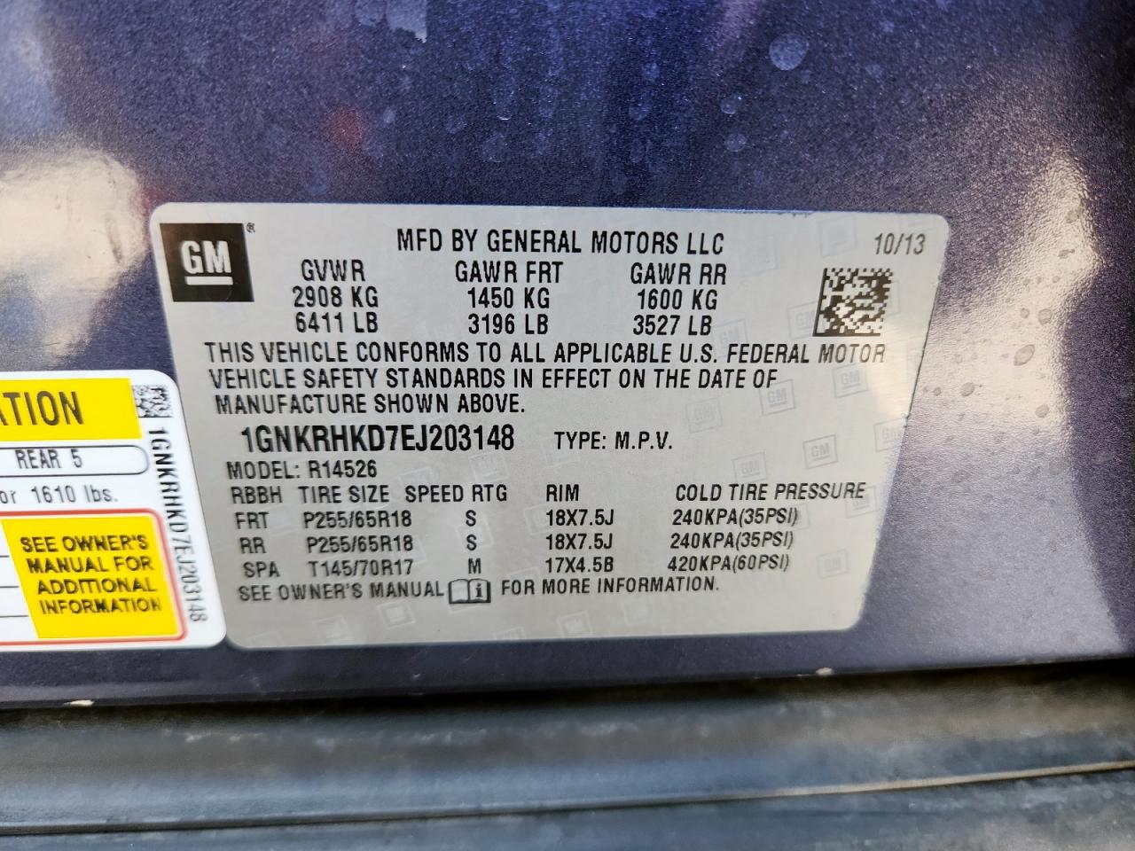 2014 Chevrolet Traverse Lt VIN: 1GNKRHKD7EJ203148 Lot: 71525975