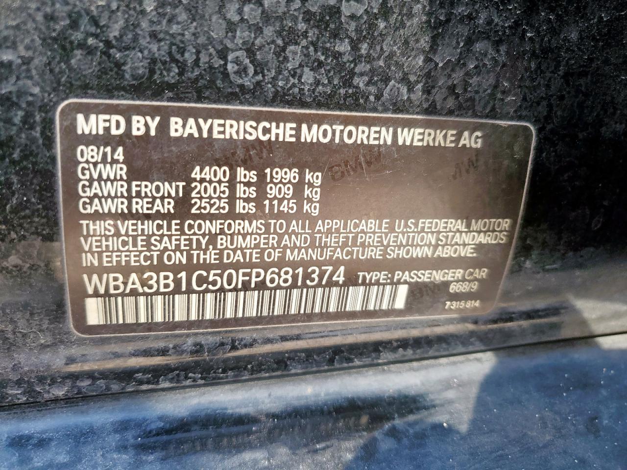 2015 BMW 320 I VIN: WBA3B1C50FP681374 Lot: 81421465