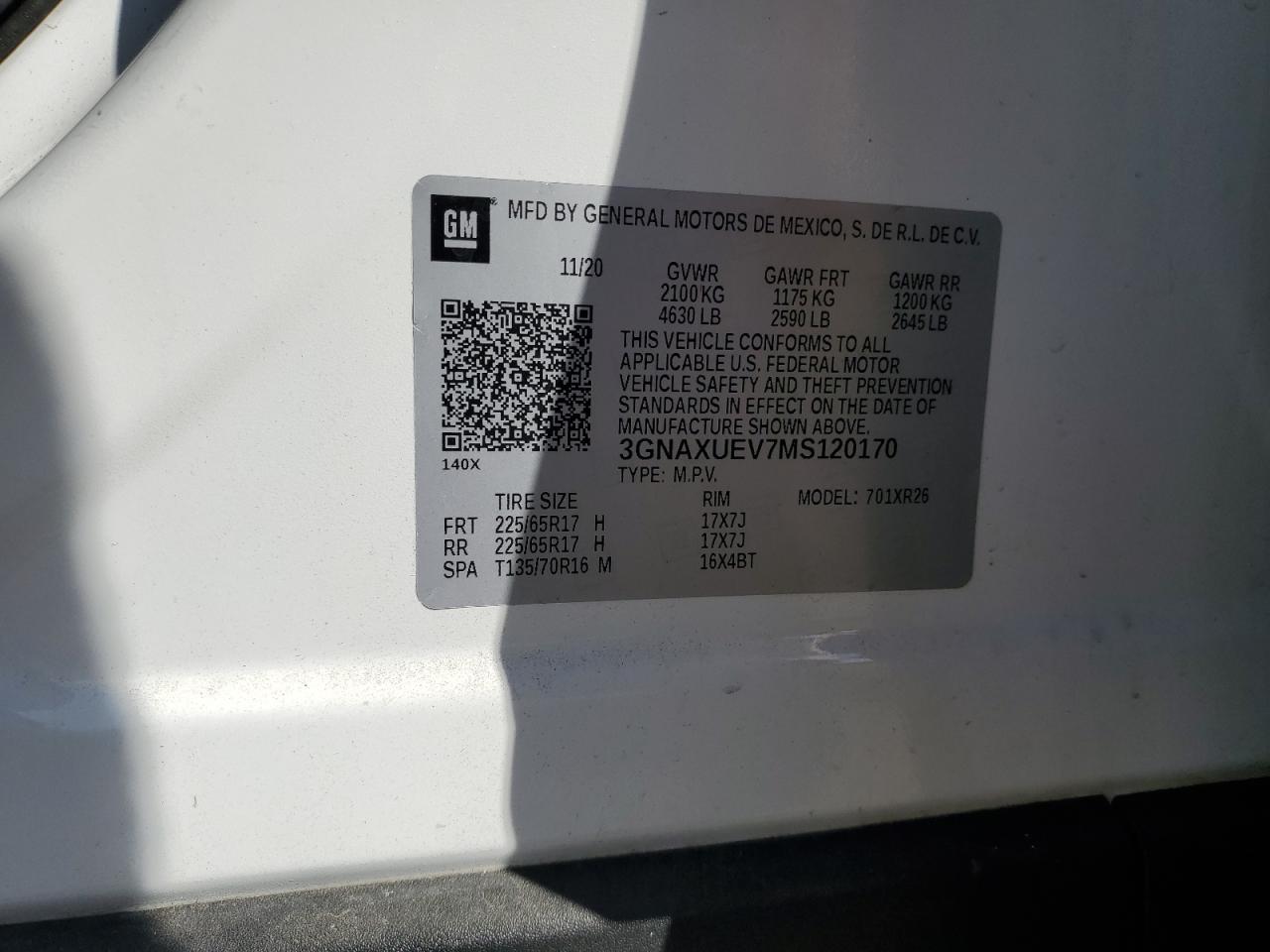 2021 Chevrolet Equinox Lt VIN: 3GNAXUEV7MS120170 Lot: 81822255