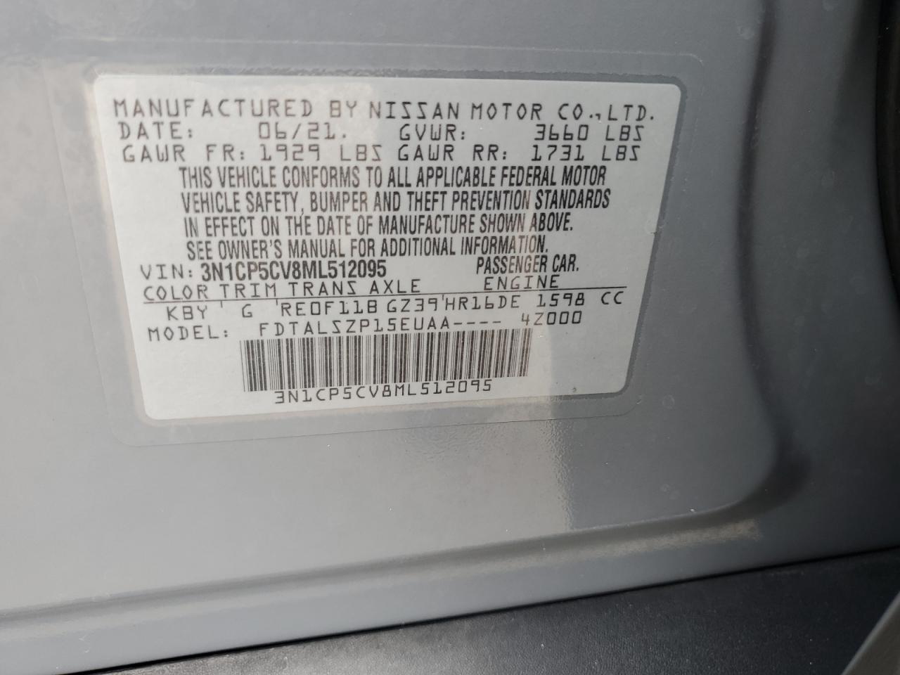 2021 Nissan Kicks Sv VIN: 3N1CP5CV8ML512095 Lot: 80449015