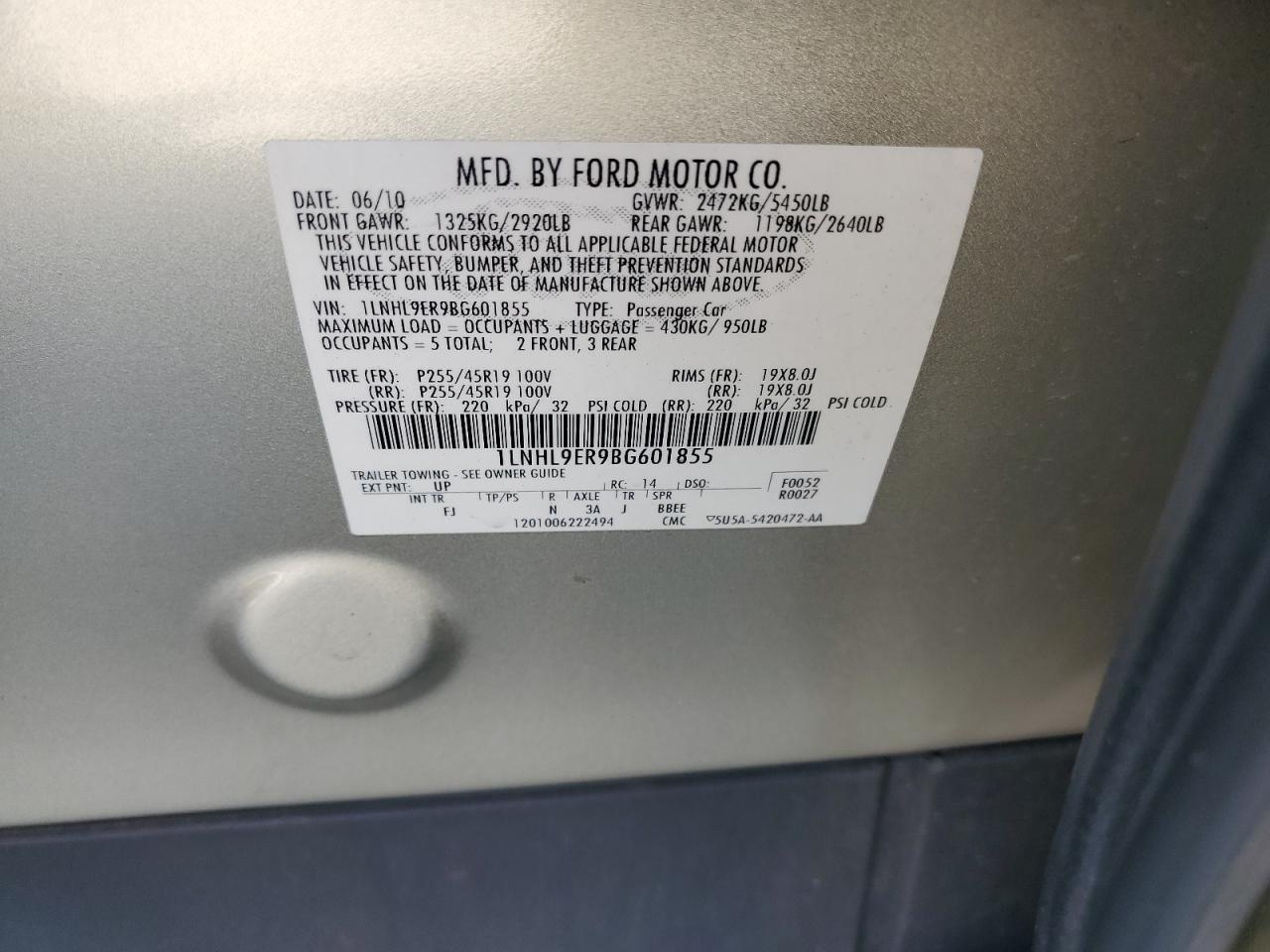 2011 Lincoln Mks VIN: 1LNHL9ER9BG601855 Lot: 81095735