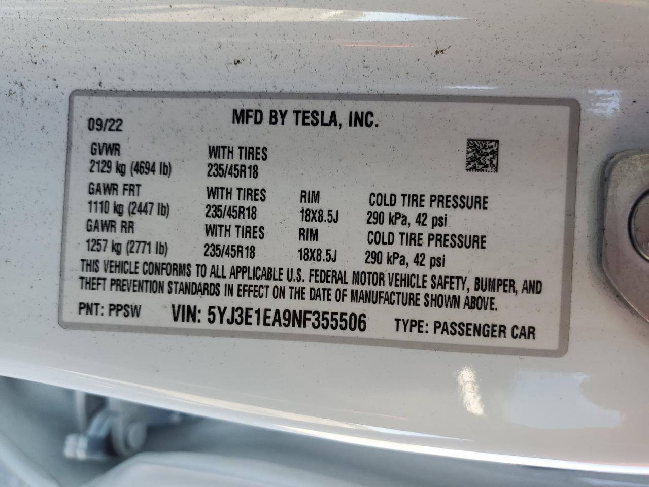 2022 Tesla Model 3 VIN: 5YJ3E1EA9NF355506 Lot: 71742025
