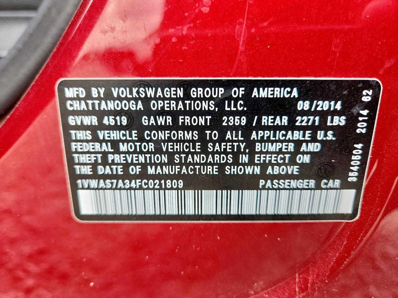 2015 Volkswagen Passat S VIN: 1VWAS7A34FC021809 Lot: 81736915