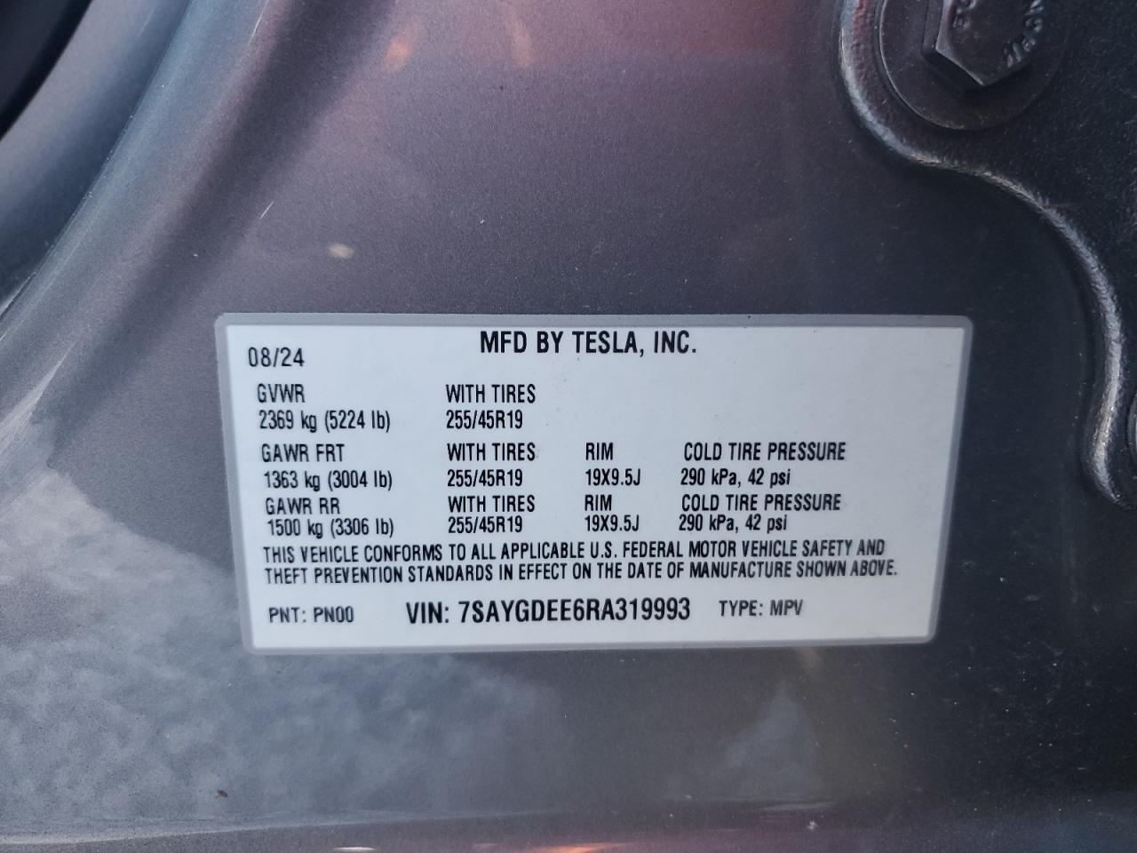 2024 Tesla Model Y VIN: 7SAYGDEE6RA319993 Lot: 84586865