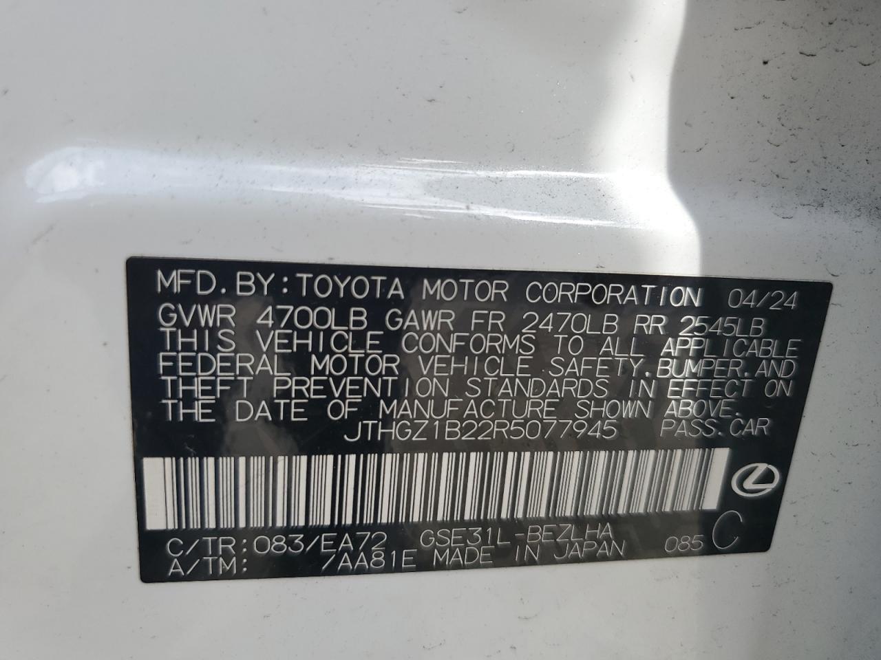 2024 Lexus Is 350 F Sport Design VIN: JTHGZ1B22R5077945 Lot: 84437445