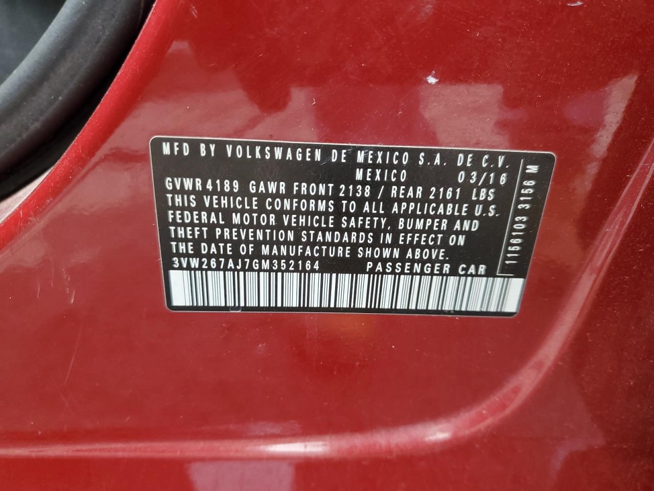 2016 Volkswagen Jetta S VIN: 3VW267AJ7GM352164 Lot: 71226695