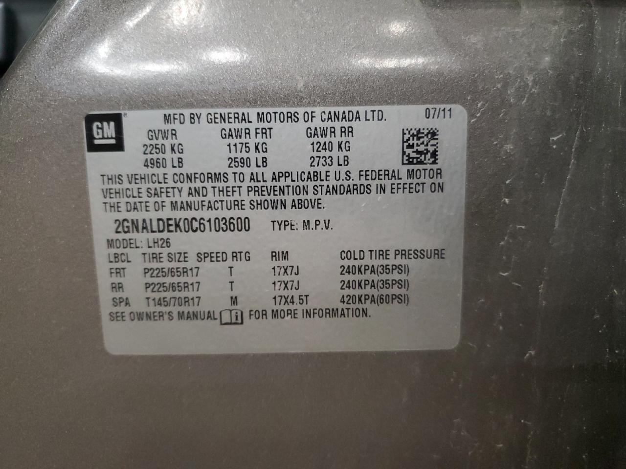 2012 Chevrolet Equinox Lt VIN: 2GNALDEK0C6103600 Lot: 81696825