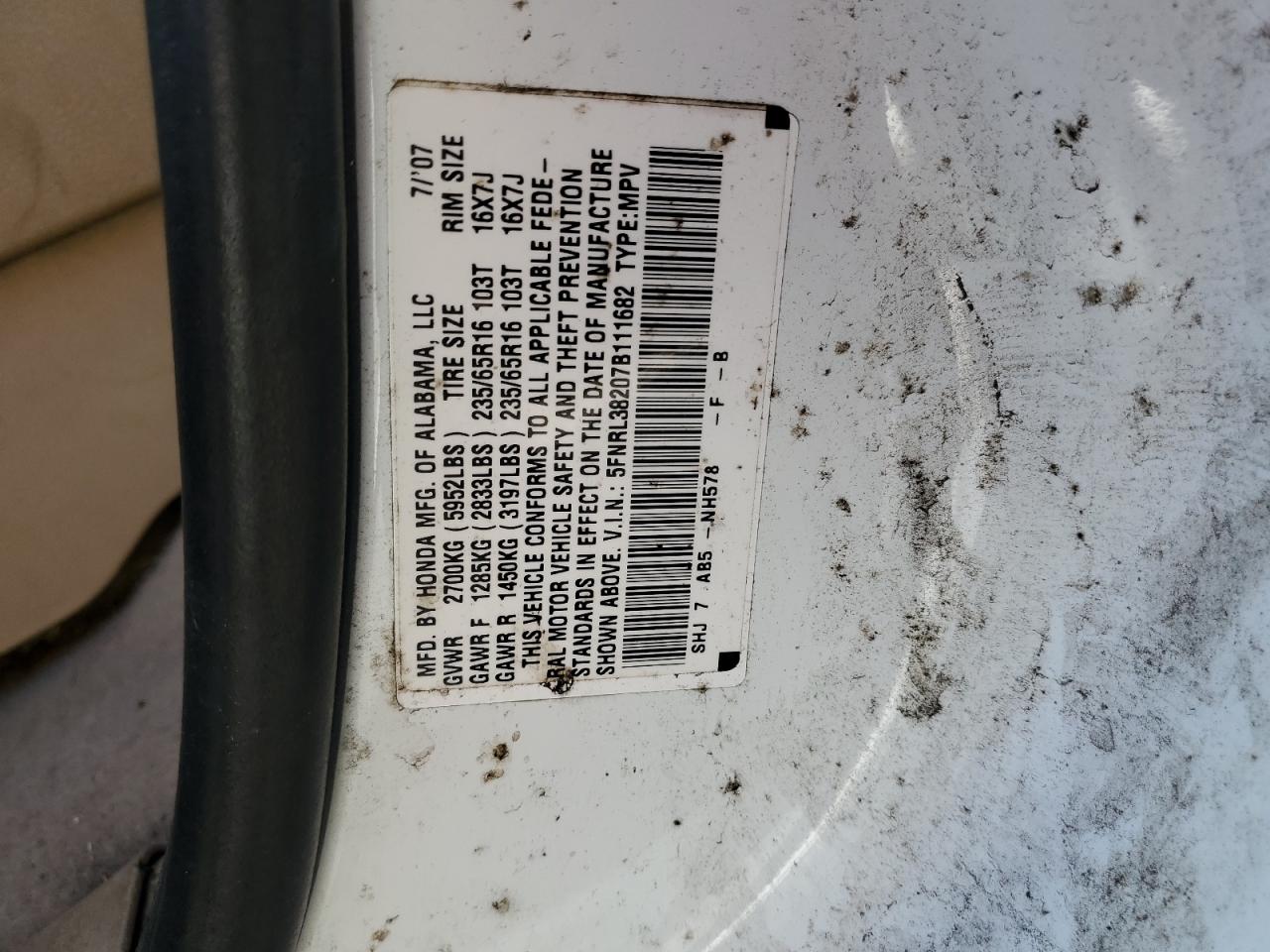 2007 Honda Odyssey Lx VIN: 5FNRL38207B111682 Lot: 71692825