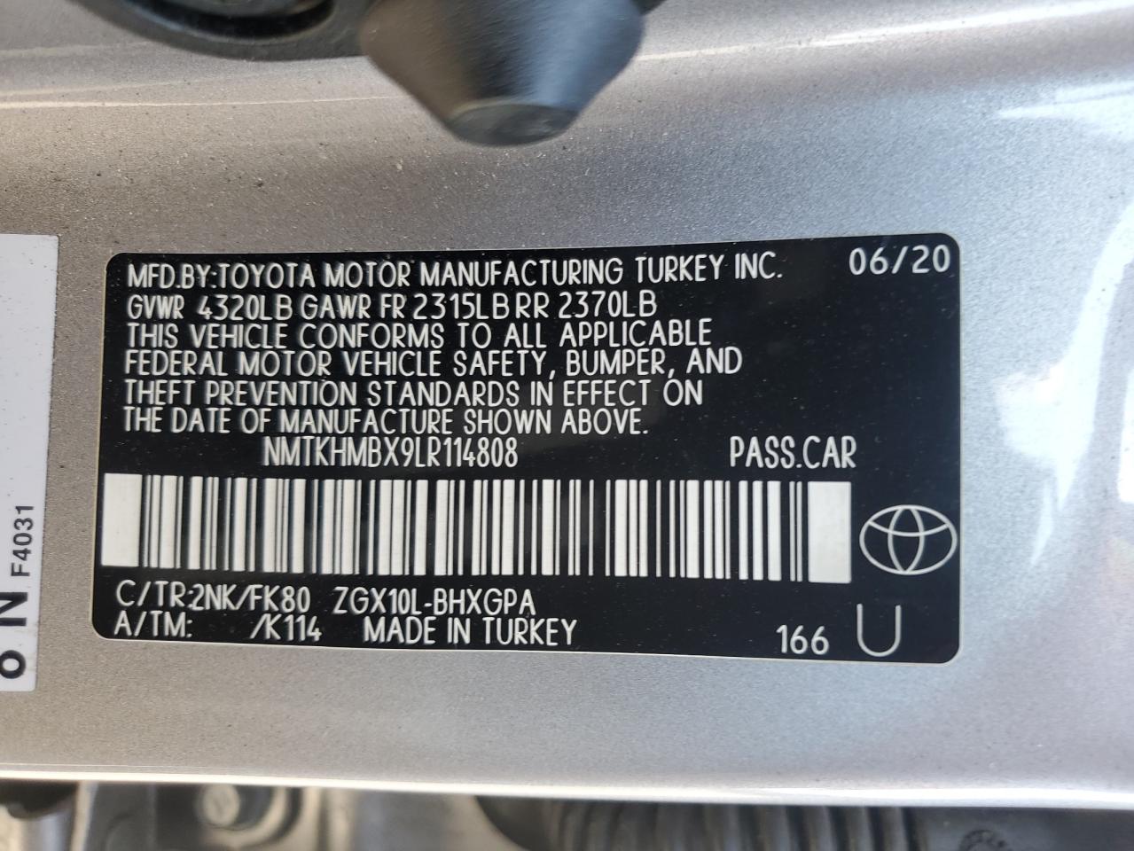 2020 Toyota C-Hr Xle VIN: NMTKHMBX9LR114808 Lot: 71616605