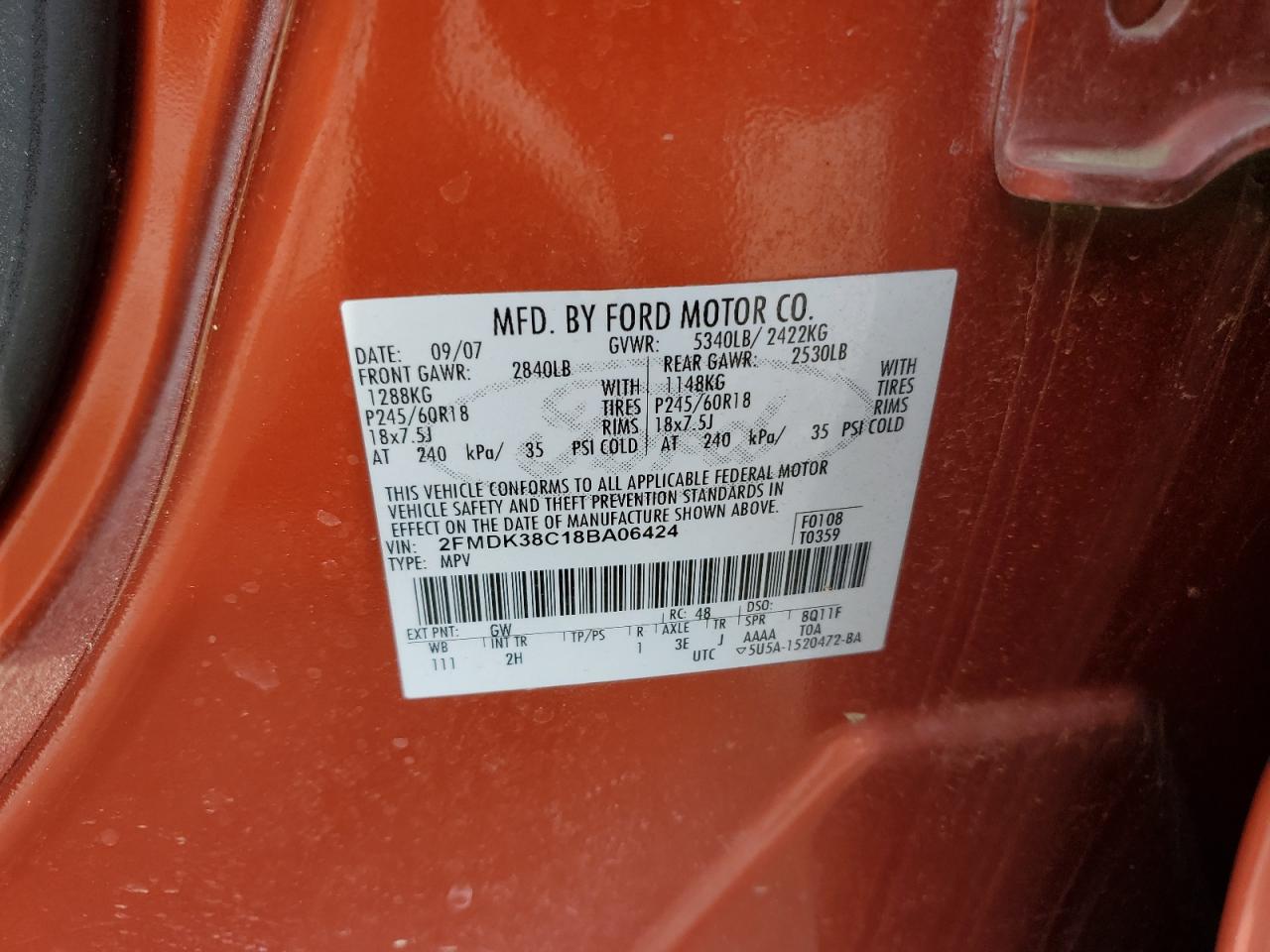 2008 Ford Edge Sel VIN: 2FMDK38C18BA06424 Lot: 81145605