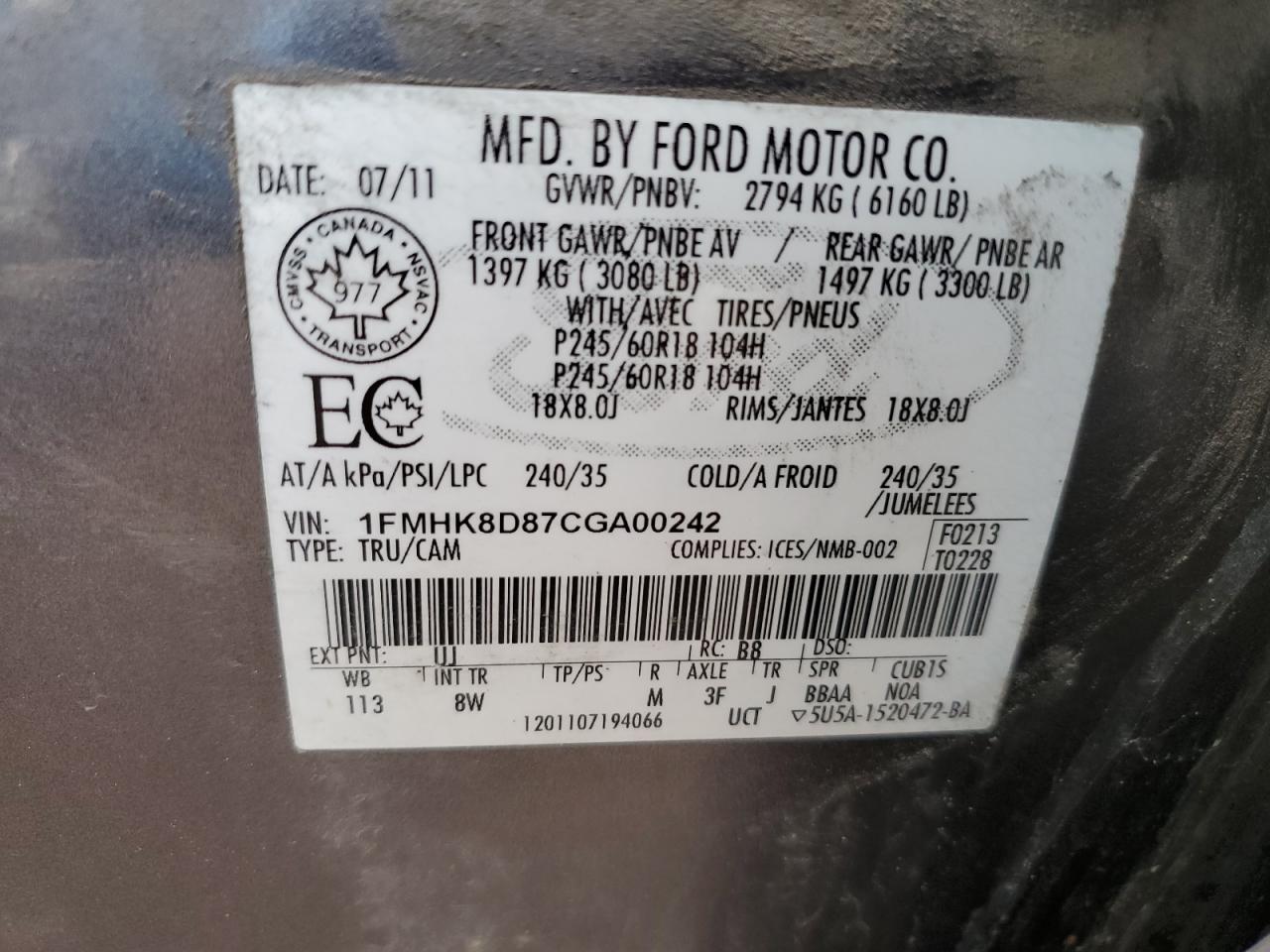 2012 Ford Explorer Xlt VIN: 1FMHK8D87CGA00242 Lot: 81747255