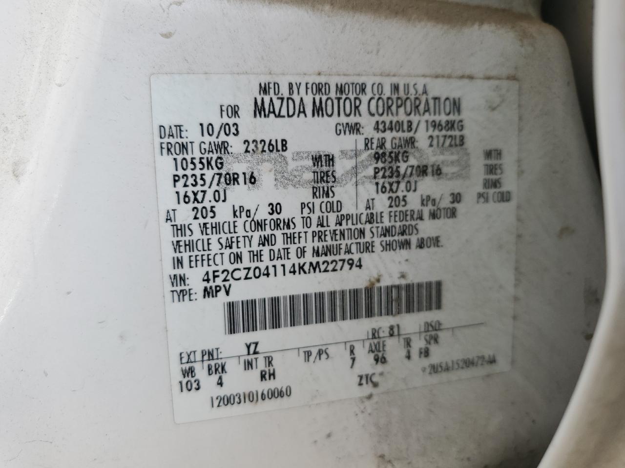 2004 Mazda Tribute Lx VIN: 4F2CZ04114KM22794 Lot: 80388795