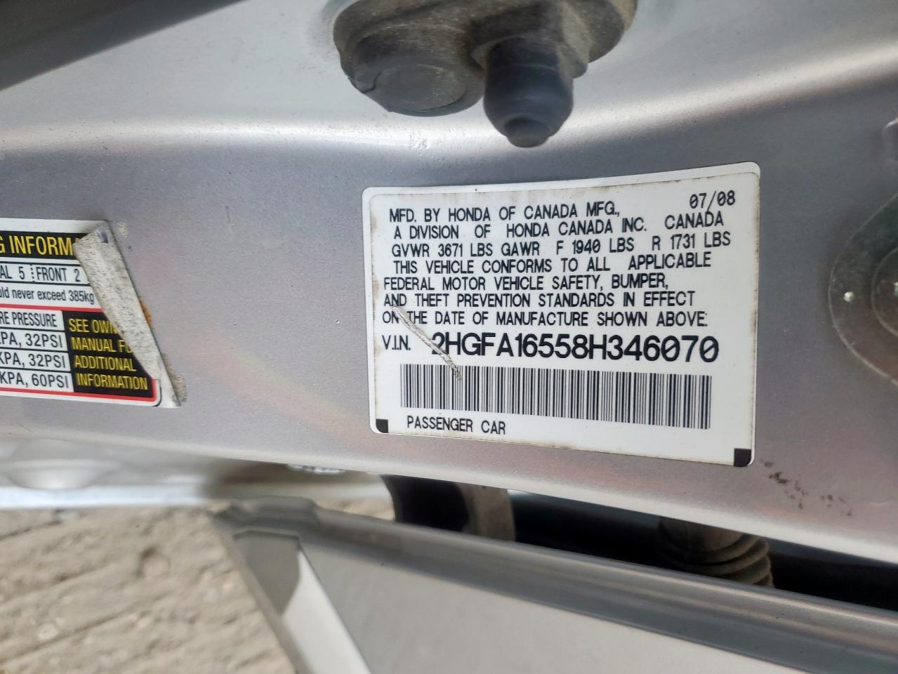 2008 Honda Civic Lx VIN: 2HGFA16558H346070 Lot: 81943785