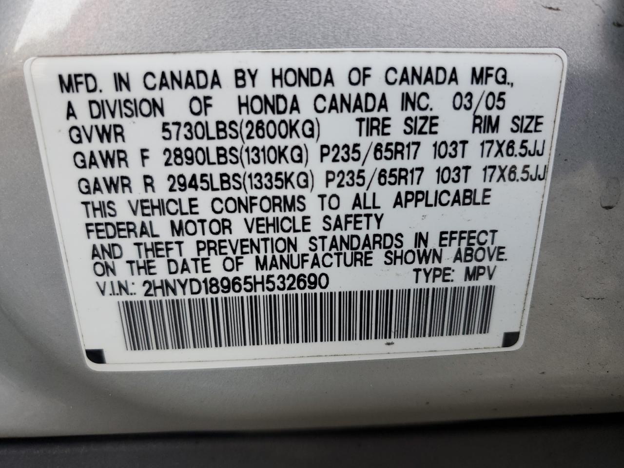 2005 Acura Mdx Touring VIN: 2HNYD18965H532690 Lot: 81564545