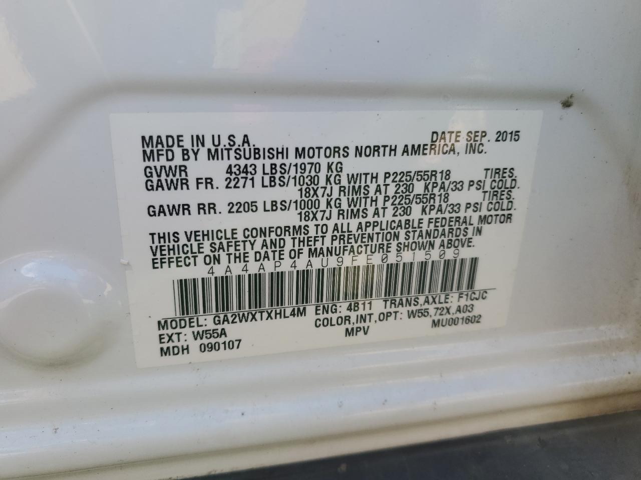 2015 Mitsubishi Outlander Sport Se VIN: 4A4AP4AU9FE051509 Lot: 84460755