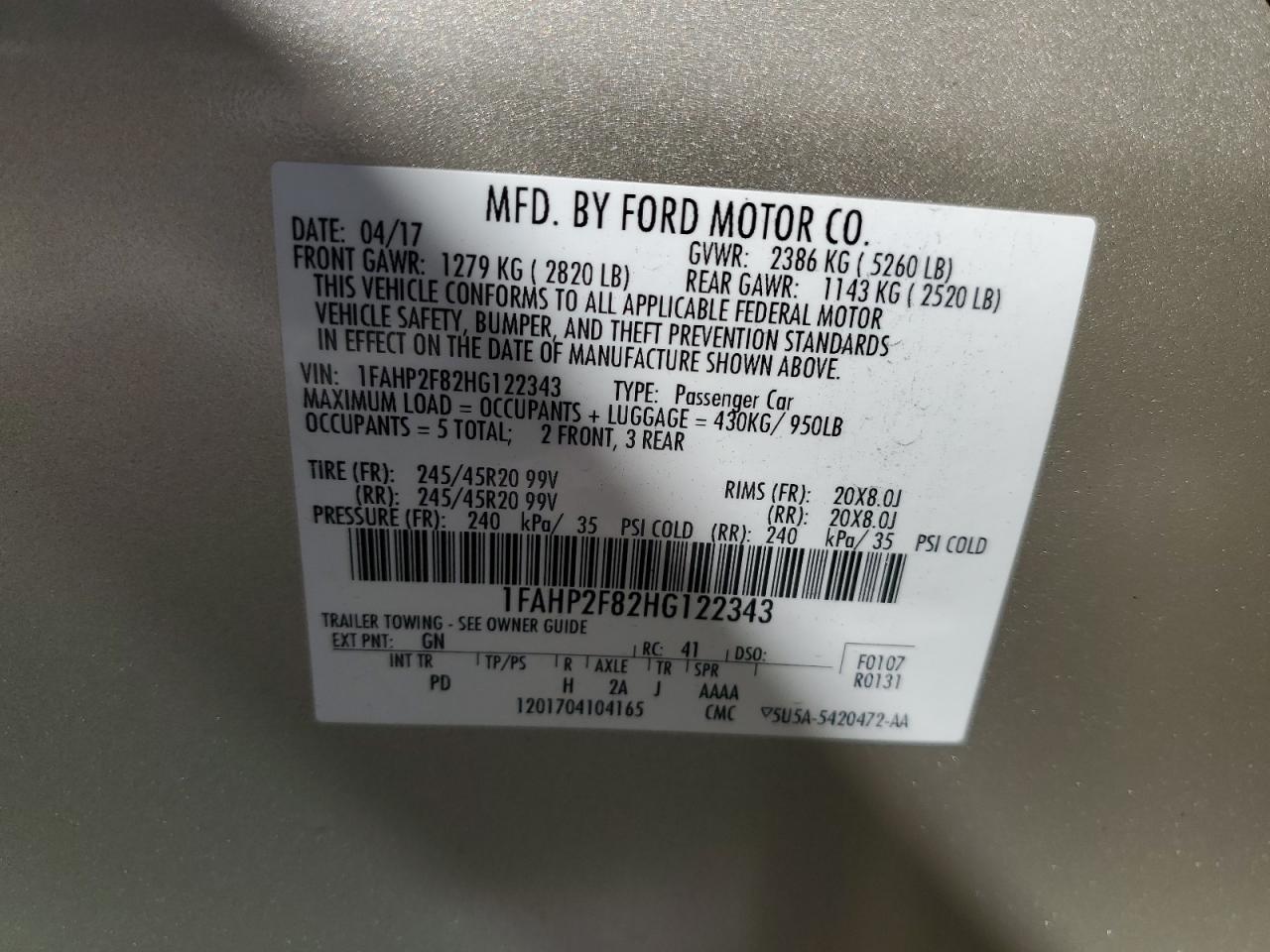 2017 Ford Taurus Limited VIN: 1FAHP2F82HG122343 Lot: 80867665