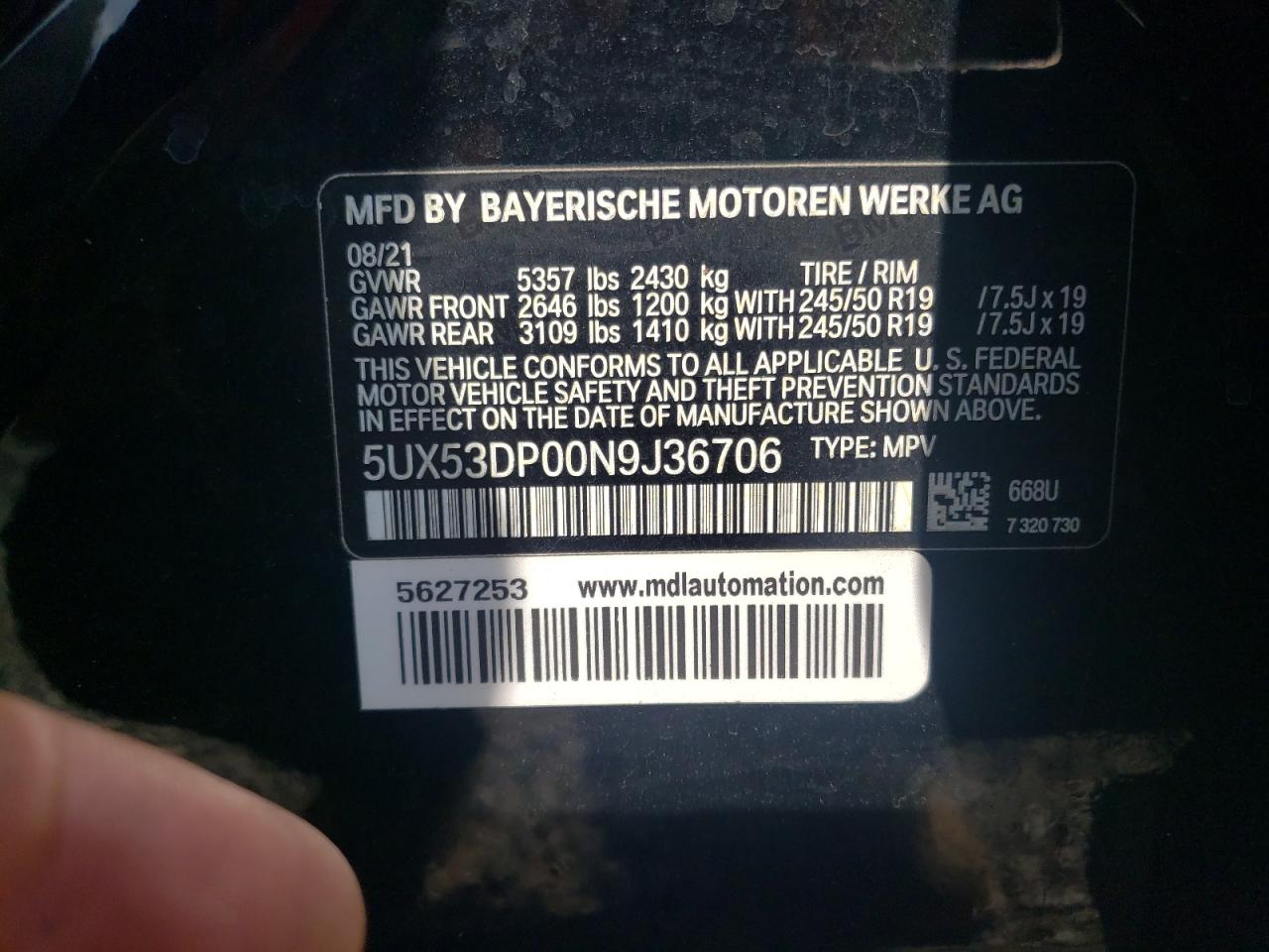 2022 BMW X3 xDrive30I VIN: 5UX53DP00N9J36706 Lot: 72061435