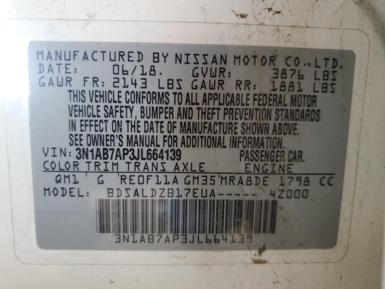 2018 Nissan Sentra S VIN: 3N1AB7AP3JL664139 Lot: 84532325