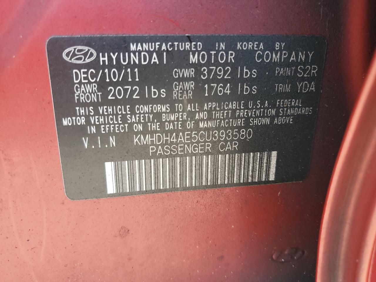 2012 Hyundai Elantra Gls VIN: KMHDH4AE5CU393580 Lot: 80104535
