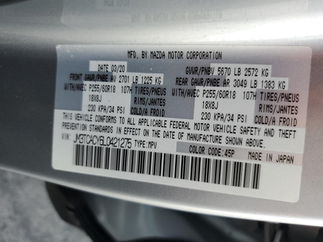 2020 Mazda Cx-9 Touring VIN: JM3TCACY6L0421275 Lot: 80110405