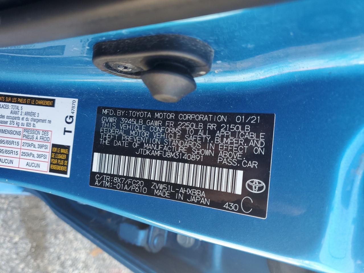 2021 Toyota Prius Special Edition VIN: JTDKAMFU8M3140891 Lot: 80926285