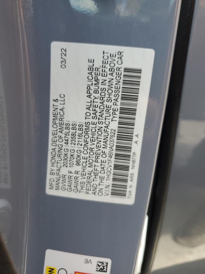 2022 Honda Accord Sport Se VIN: 1HGCV1F46NA037622 Lot: 84422745