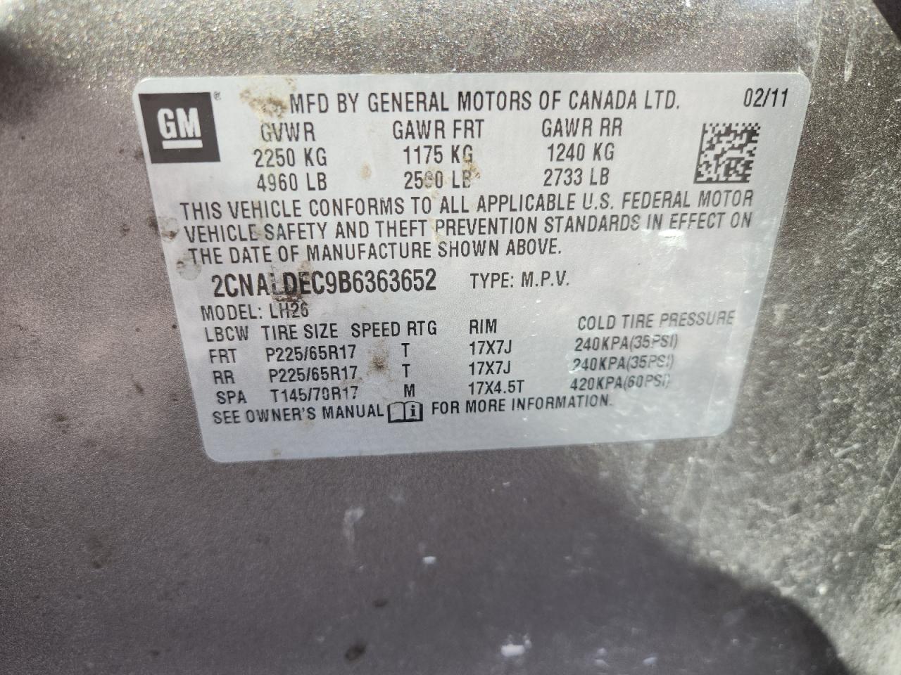 2011 Chevrolet Equinox Lt VIN: 2CNALDEC9B6363652 Lot: 84460835