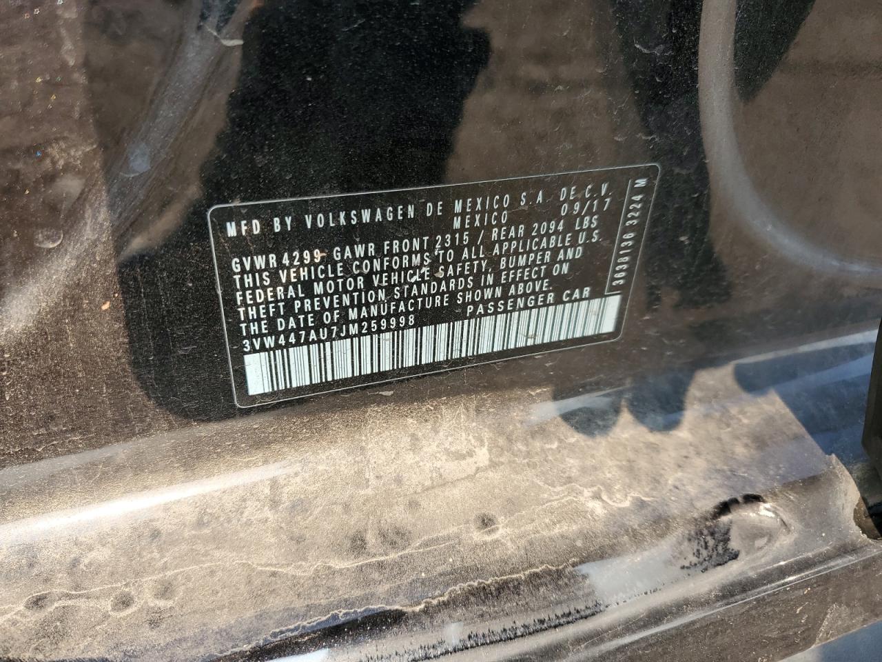 2018 Volkswagen Gti S/Se VIN: 3VW447AU7JM259998 Lot: 71738155