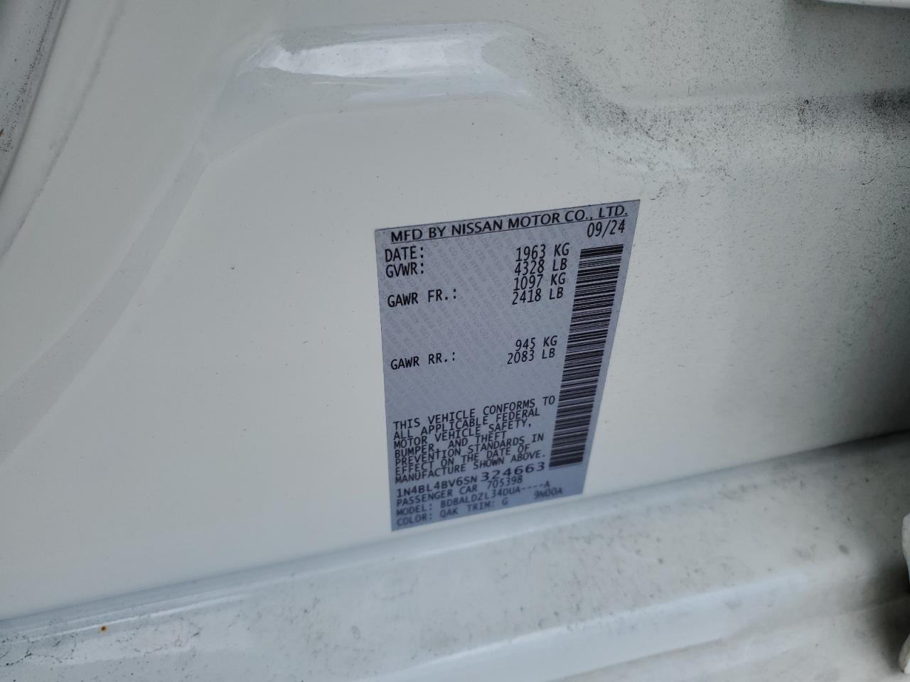 2025 Nissan Altima S VIN: 1N4BL4BV6SN324663 Lot: 83996505