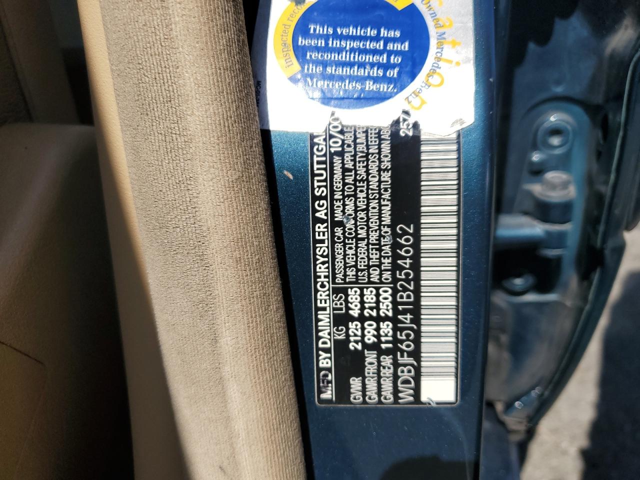 2001 Mercedes-Benz E 320 VIN: WDBJF65J41B254662 Lot: 81761075