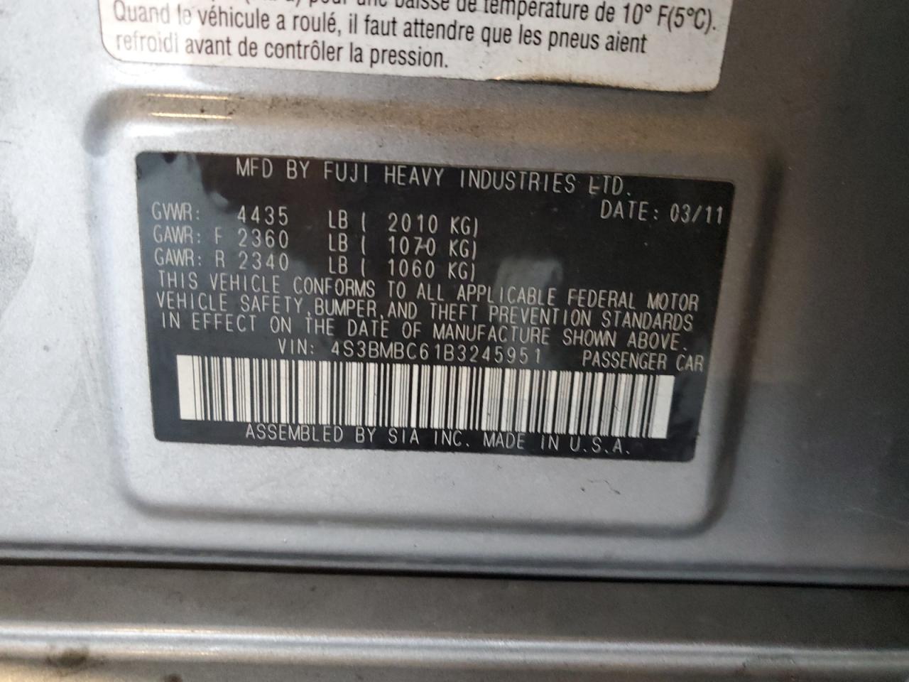 2011 Subaru Legacy 2.5I Premium VIN: 4S3BMBC61B3245951 Lot: 70961015