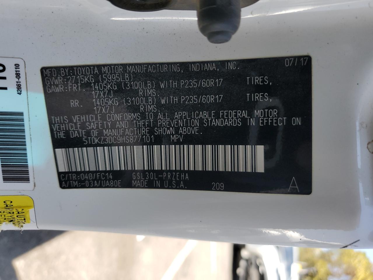 2017 Toyota Sienna Le VIN: 5TDKZ3DC9HS877101 Lot: 84284135