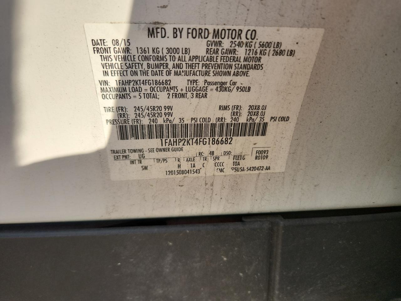 2015 Ford Taurus Sho VIN: 1FAHP2KT4FG186682 Lot: 70457895