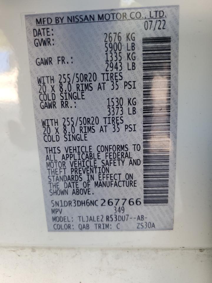 2022 Nissan Pathfinder Platinum VIN: 5N1DR3DH6NC267766 Lot: 81595285