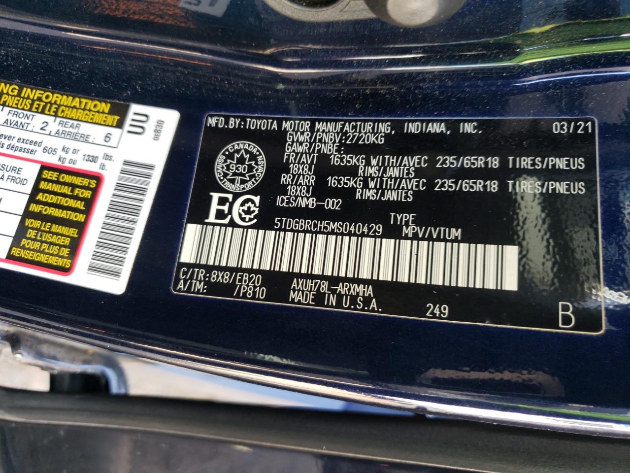 2021 Toyota Highlander Hybrid Xle VIN: 5TDGBRCH5MS040429 Lot: 80802945
