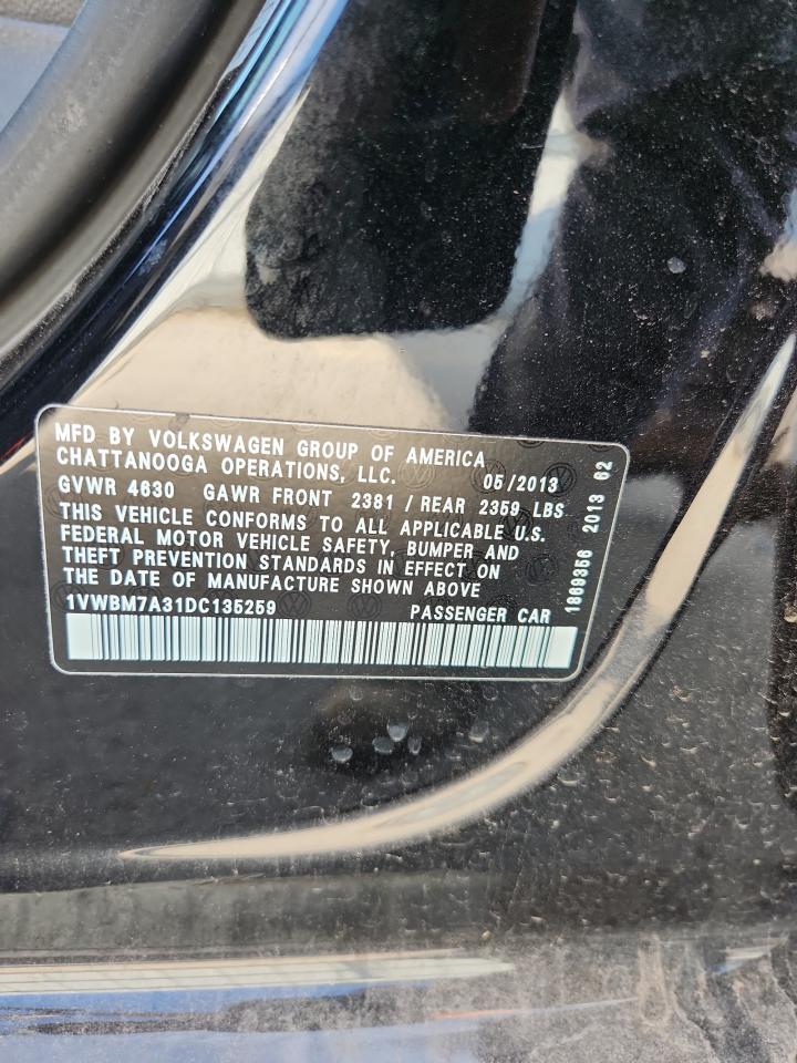 2013 Volkswagen Passat Se VIN: 1VWBM7A31DC135259 Lot: 71948775