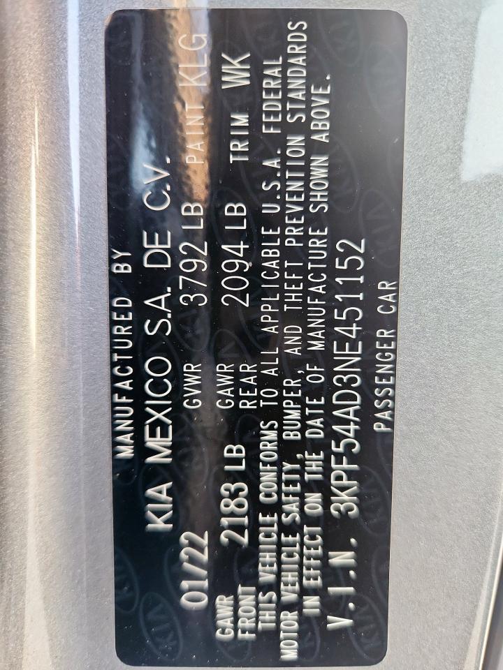 2022 Kia Forte Gt Line VIN: 3KPF54AD3NE451152 Lot: 72044275