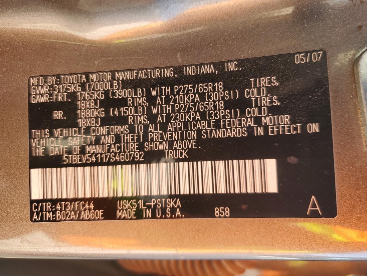 2007 Toyota Tundra Crewmax Sr5 VIN: 5TBEV54117S460792 Lot: 81061515