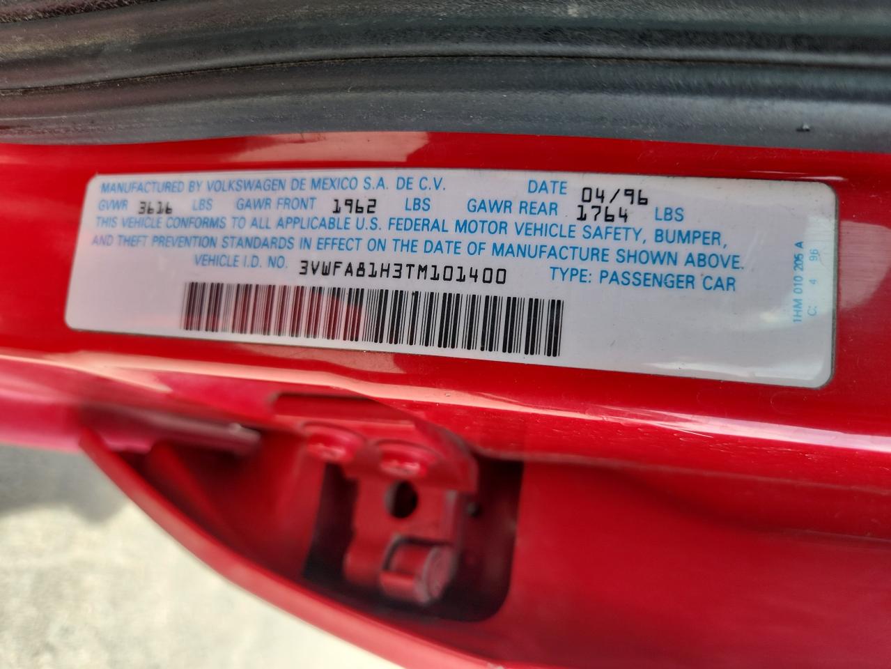 1996 Volkswagen Golf Gl VIN: 3VWFA81H3TM101400 Lot: 71706555