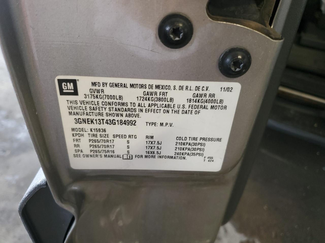 2003 Chevrolet Avalanche K1500 VIN: 3GNEK13T43G184992 Lot: 81448565