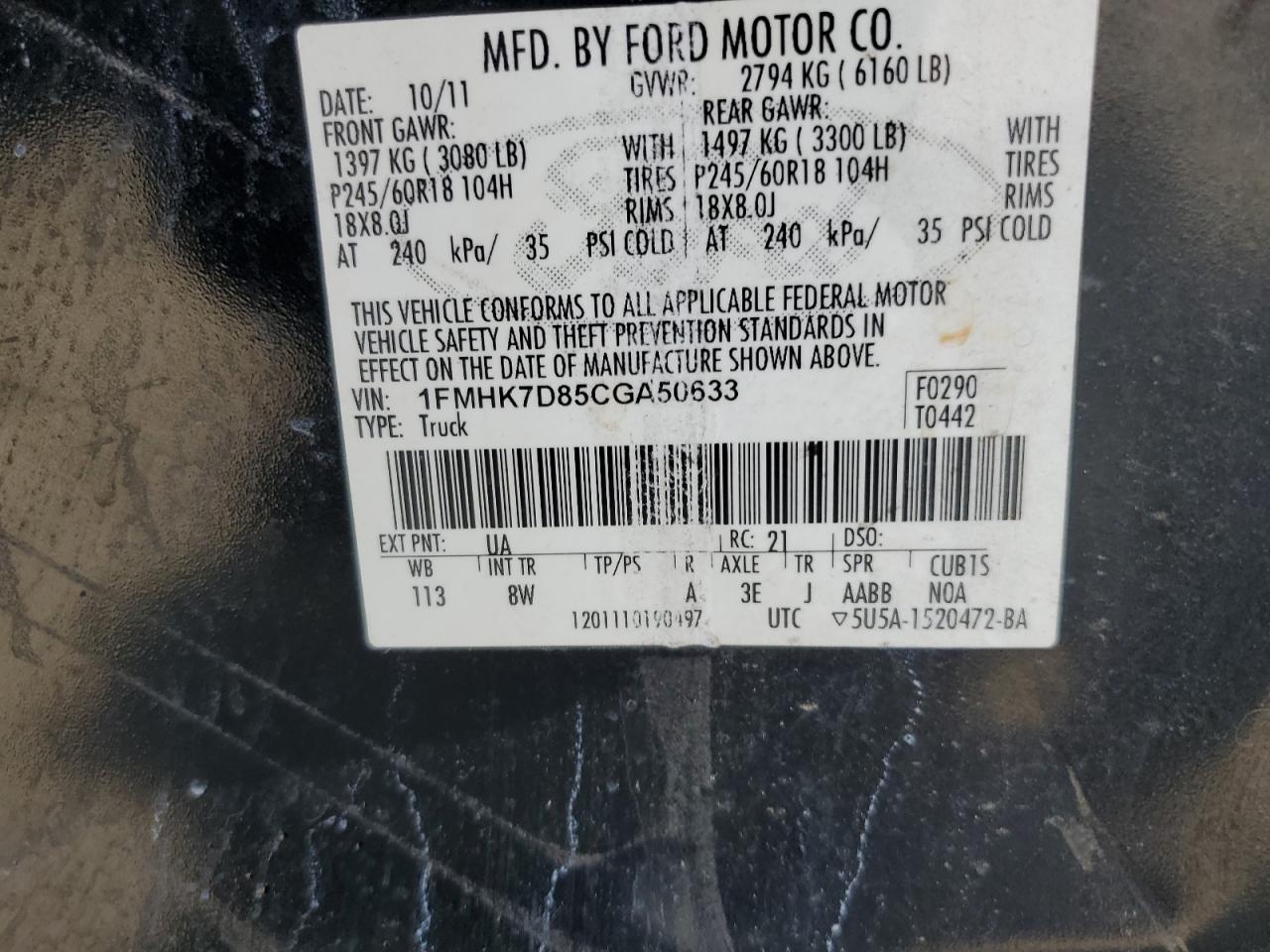 2012 Ford Explorer Xlt VIN: 1FMHK7D85CGA50633 Lot: 81118295