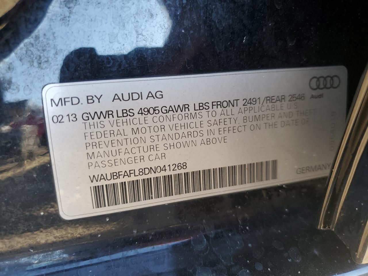 2013 Audi A4 Premium VIN: WAUBFAFL8DN041268 Lot: 81819665