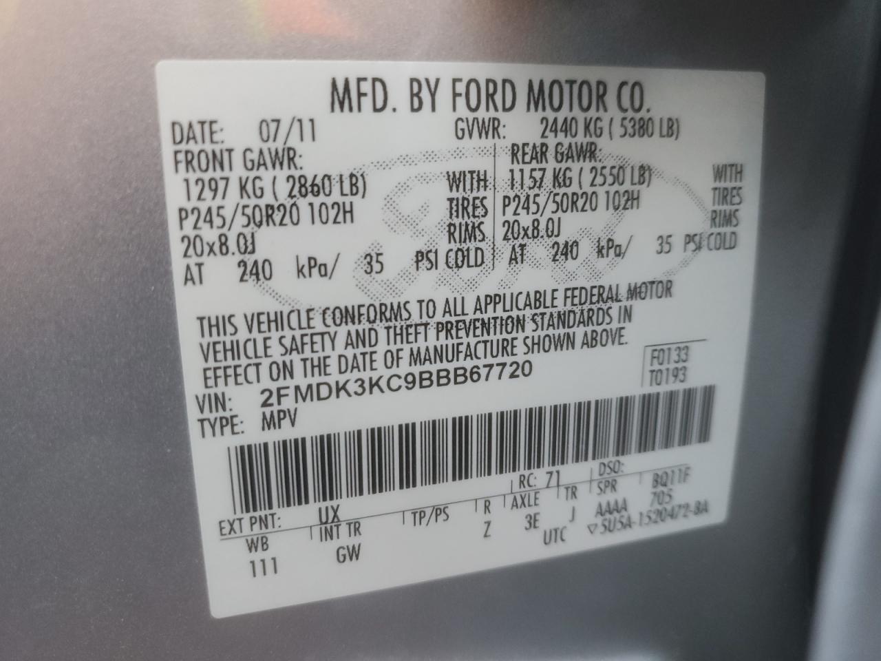 2011 Ford Edge Limited VIN: 2FMDK3KC9BBB67720 Lot: 80376655