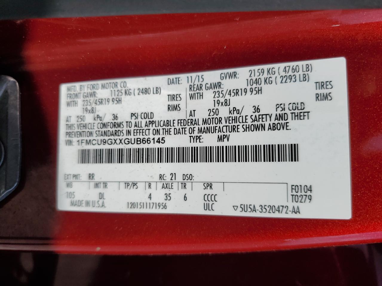 2016 Ford Escape Se VIN: 1FMCU9GXXGUB66145 Lot: 84202925