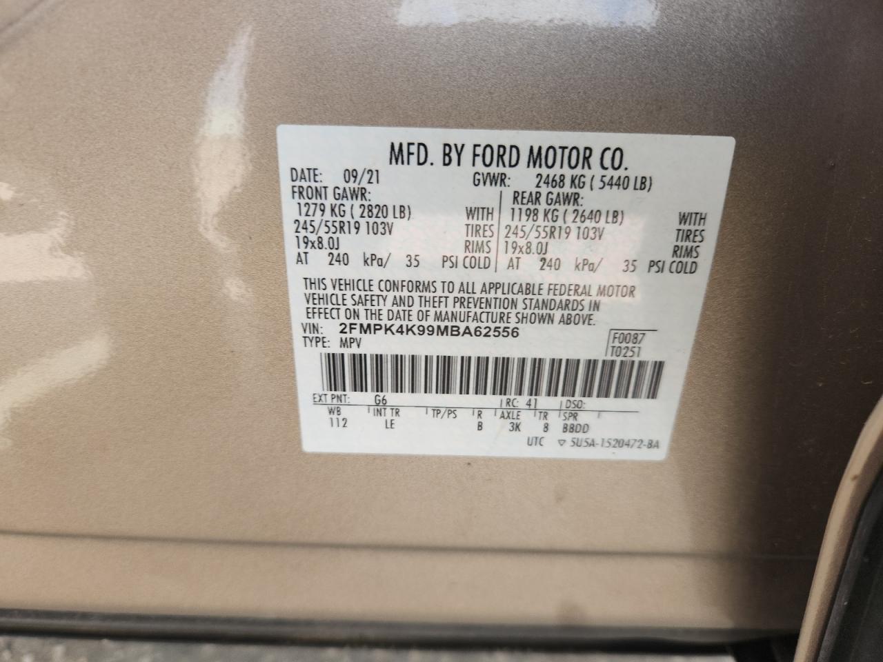 2021 Ford Edge Titanium VIN: 2FMPK4K99MBA62556 Lot: 70722535