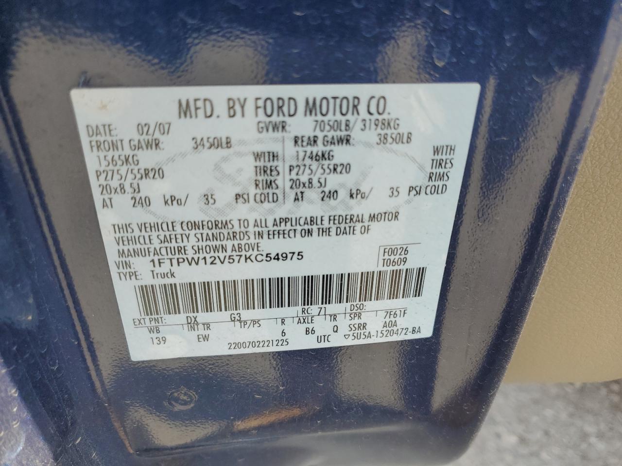 2007 Ford F150 Supercrew VIN: 1FTPW12V57KC54975 Lot: 71320405