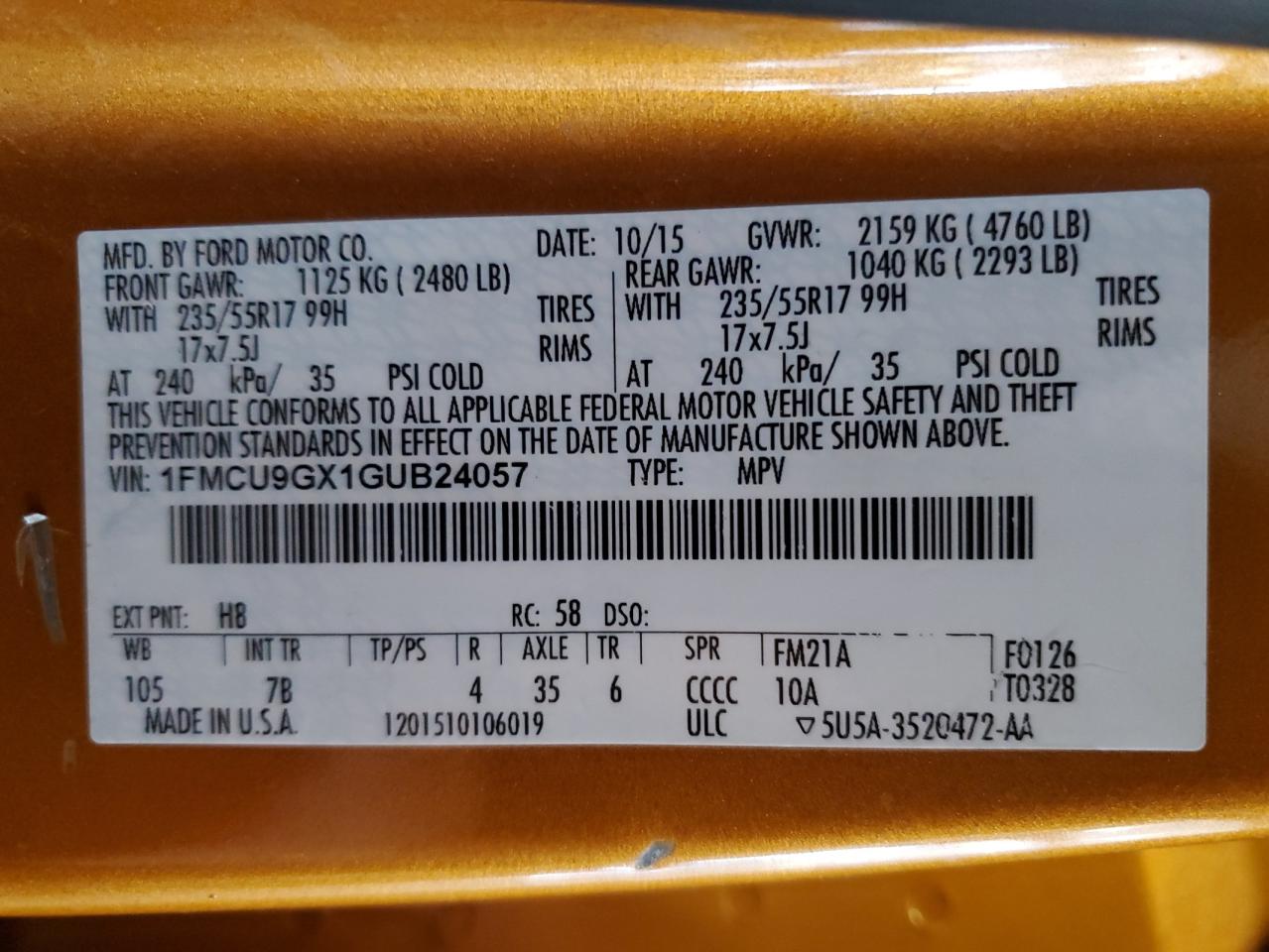 2016 Ford Escape Se VIN: 1FMCU9GX1GUB24057 Lot: 81136215