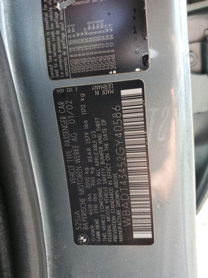2002 BMW 525 I Automatic VIN: WBADT43452GY40586 Lot: 81271545