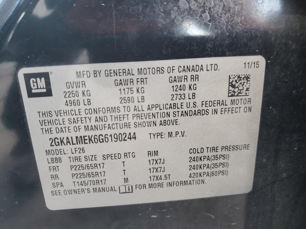 2016 GMC Terrain Sle VIN: 2GKALMEK6G6190244 Lot: 83774105